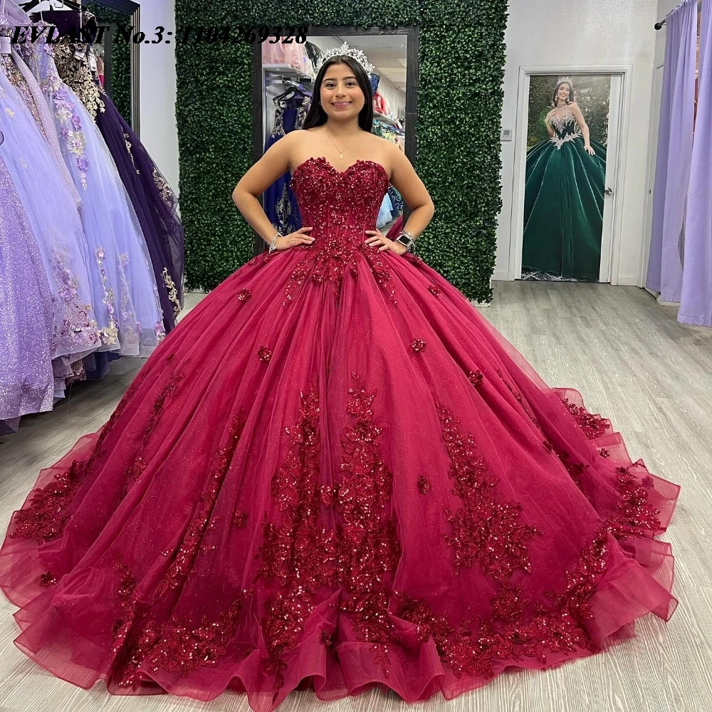 EVLAST Customized Mexican Burgundy Quinceanera Dress Ball Gown Lace Applique Beading Corset Sweet 16 Vestido De 15 Anos E3Q409