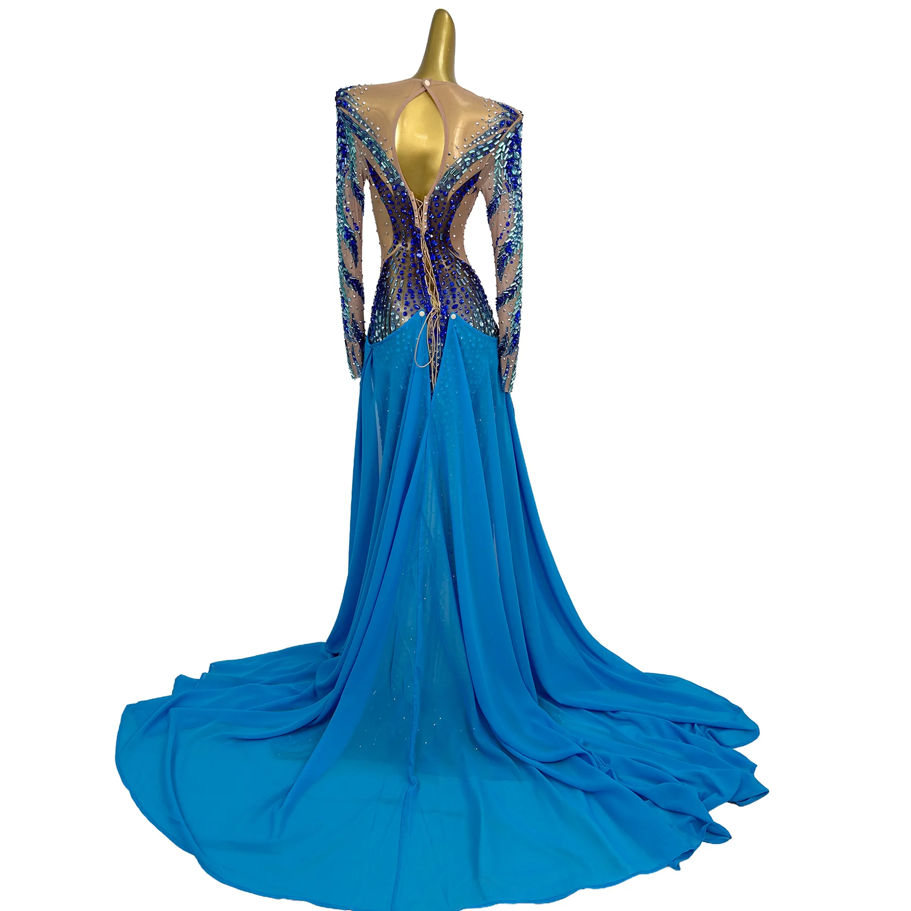 

Sparkly Royal Blue Crystal Mesh Long Tail Cloak Evening Gown Sexy Women Long Sleeve Sheer Formal Event Long Formal Dress Kuyedie