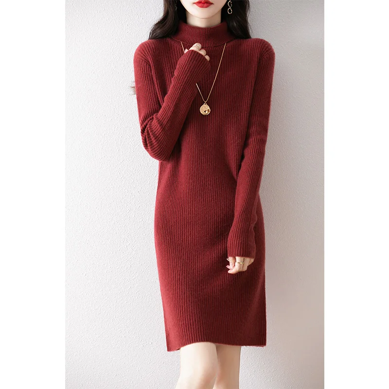 100% merino wool women's knitted dress, casual, fashionable, high collar, mid-length 2024 autumn and winter new style