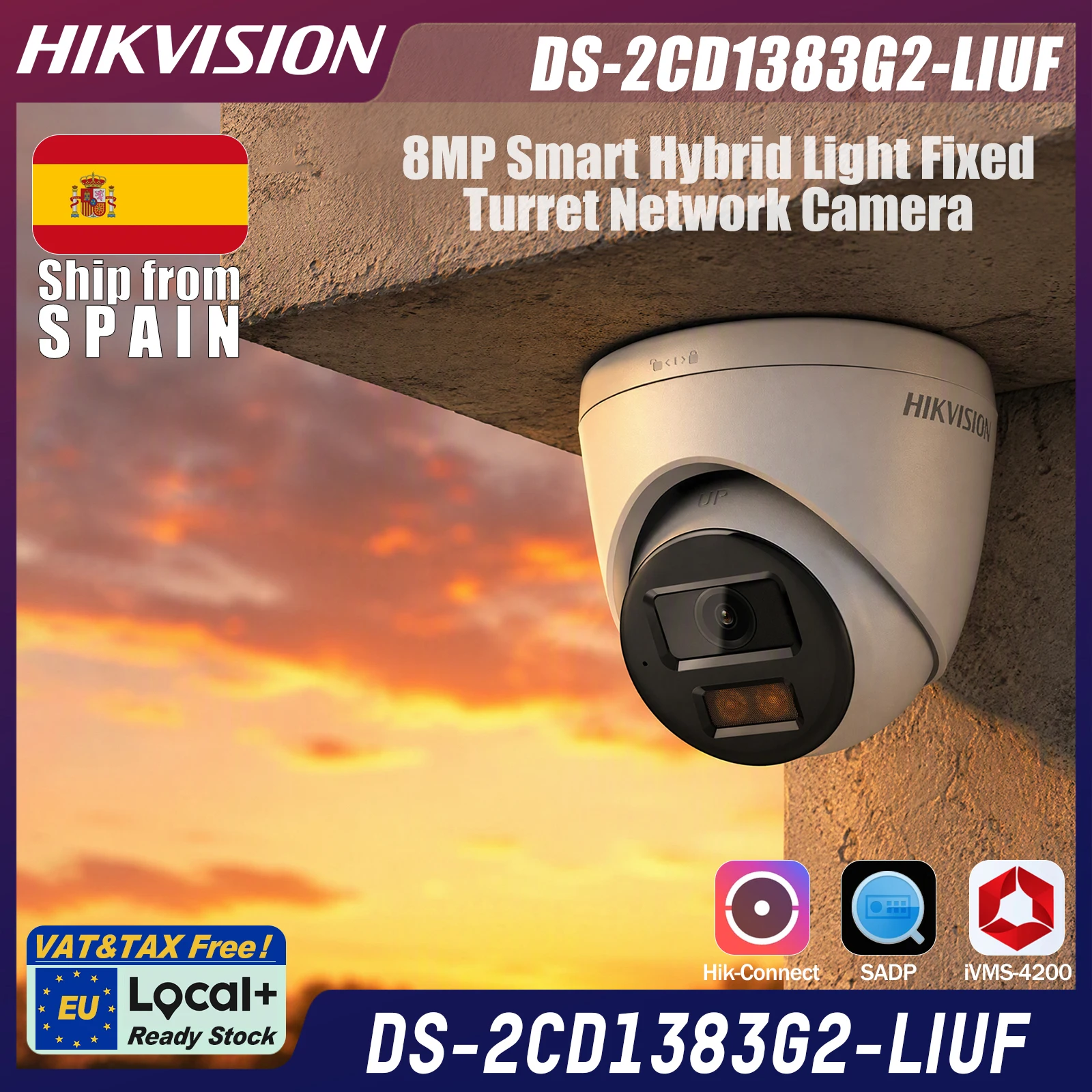 DS-2CD1383G2-LIUF Telecamera IP Hikvision Local+ 8MP PoE con illuminazione ibrida, obiettivo a torretta, luce supplementare intelligente 30m, rilevamento persone e veicoli, WDR 120dB, slot MicroSD