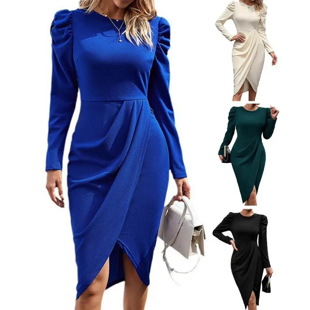 

Retro Style Dress Women Dress Elegant Knee-length Midi Dress with Irregular Hem Slim Fit Waist for Women Spring Fall Pleated