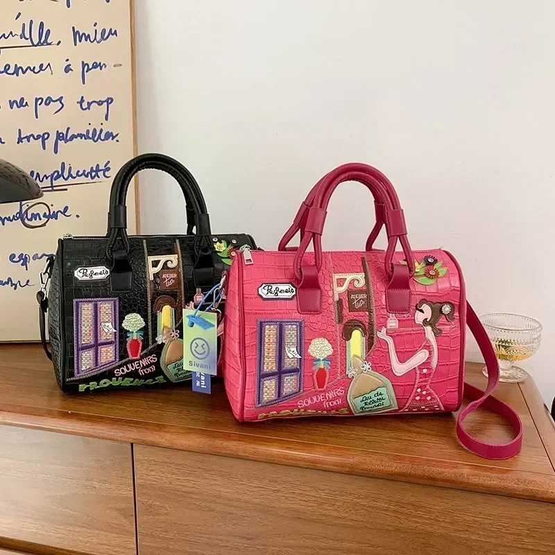 

European and American embroidered three-dimensional women's bag new large capacity shoulder Boston bag trendy crossbody bag