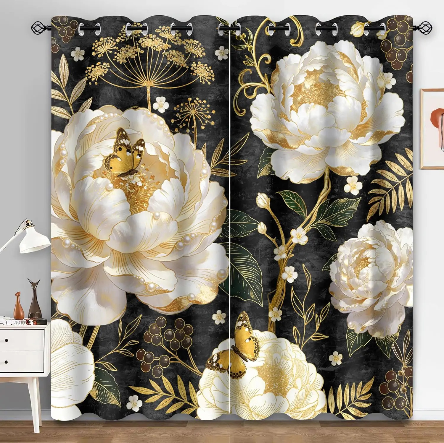 Opulent Peony Floral Curtains Gold Baroque Polyester Drapes Luxury Window Treatments Elegant Home Decor