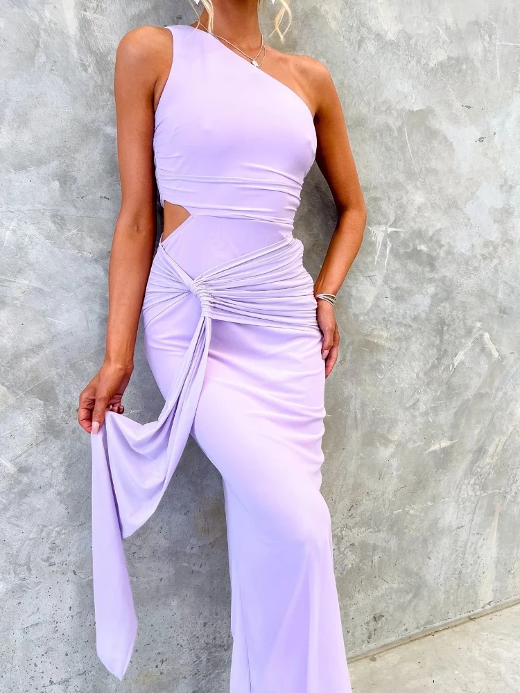 فستان نسائي صيفي جديد موديل 2025 أنيق ومثير بكتف مائل وخصر مجوف قابل للطي للتخسيس فستان طويل #4