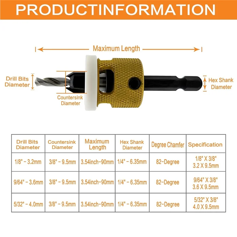 Juego de brocas avellanadoras de vástago hexagonal A53Q, brocas avellanadoras para carpintería de 1/8 pulgadas, 9/64 pulgadas, 5/32 pulgadas + tope de profundidad de broca ajustable