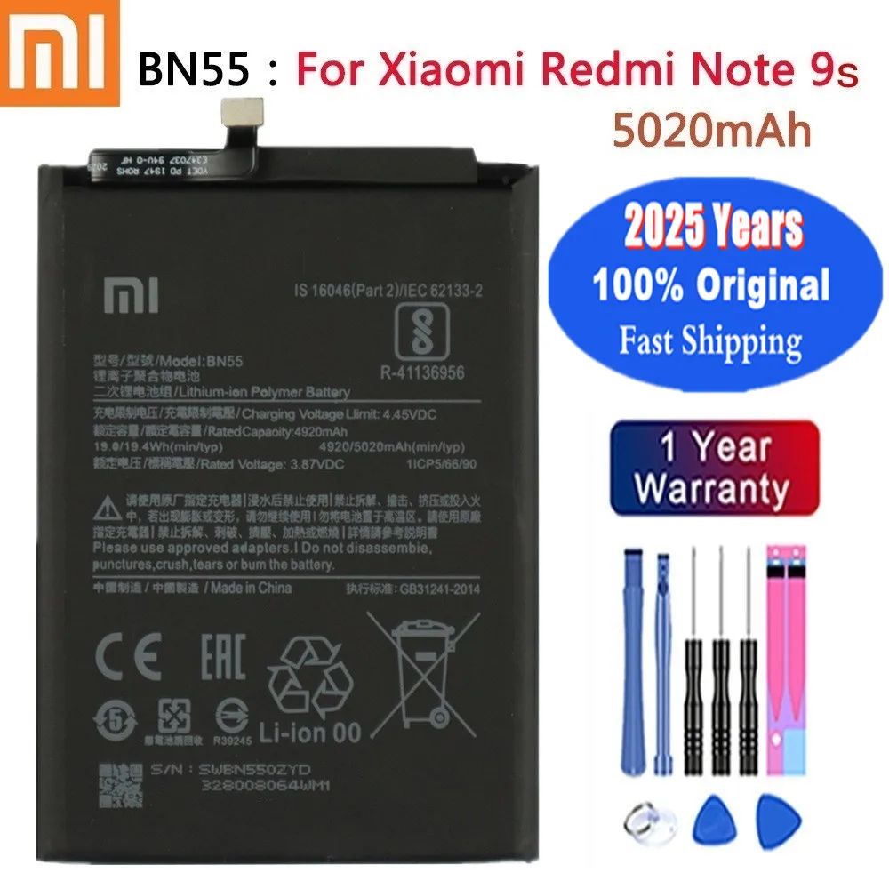 بطارية Xiao Mi الأصلية لعام 2025 لهاتف Xiaomi Redmi Note 9S 9 S Note9S BN55 5020mAh بطارية هاتف محمول عالية الجودة Bateria