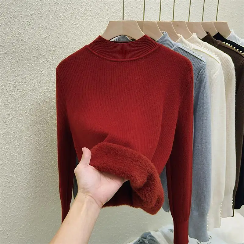 Semi-turtleneck Integrated Fleece Bottoming Shirt Autumn and Winter New Beaded Knitted Sweater with Thick Top Inside
