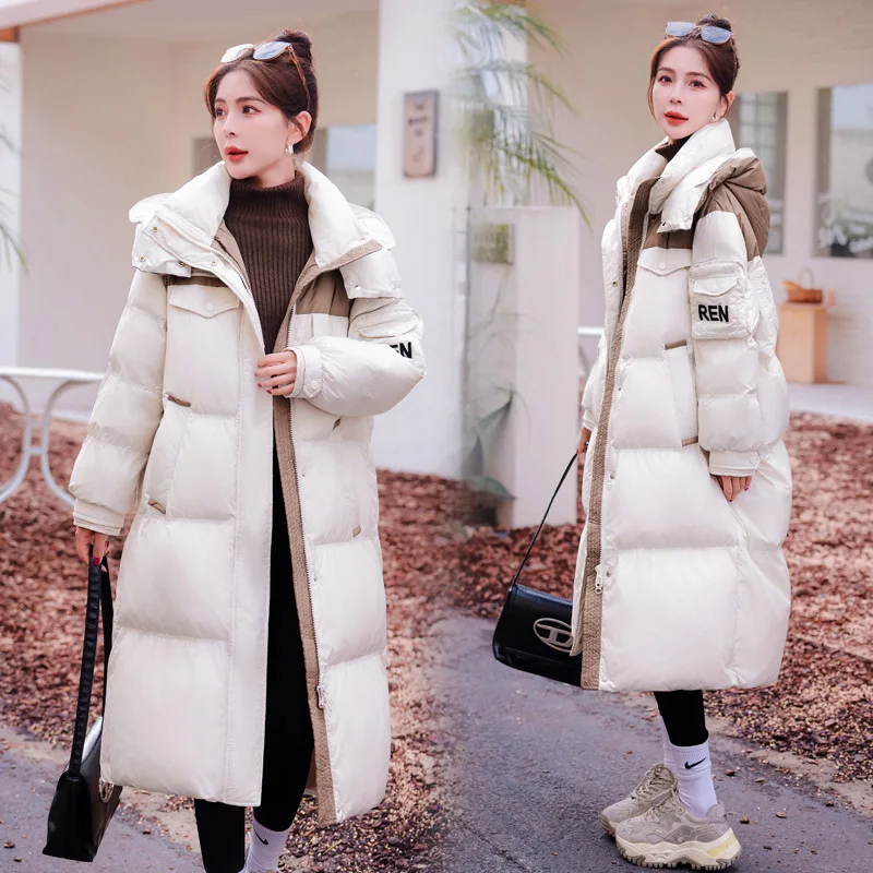 2024 Winter New Down Jacket Women White Duck Down Hooded Knee-length Coat Thickened Warm Loose Casual Stand Collar Puffer Jacket