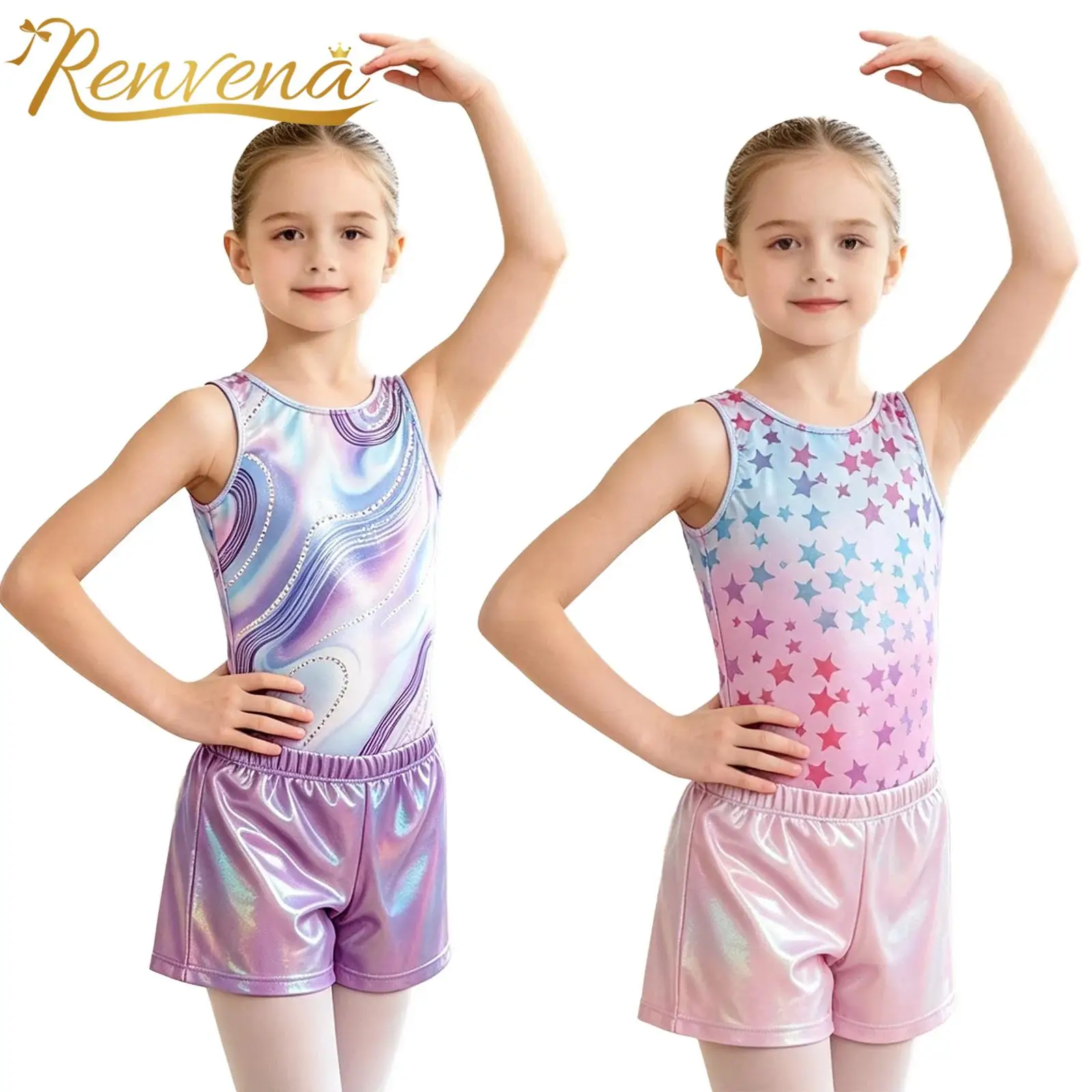 Kids Girls Gymnastics Leotards Unitard Ballerina Ballet Dance Outfit Metallic Printed Leotard with Shorts Figure Skating Costume