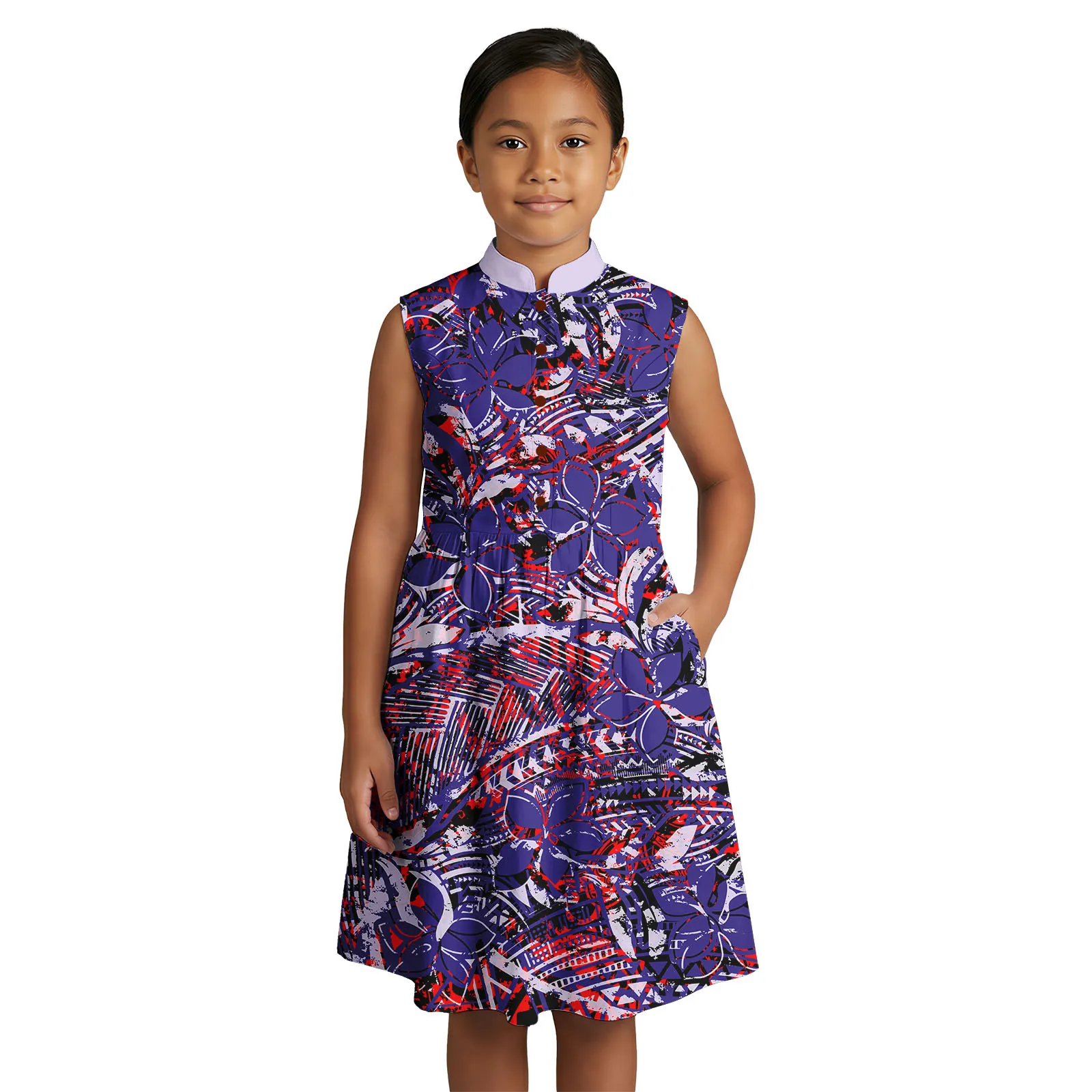 Custom Button Design Cute Clothes Samoan Tribal Dress Hawaiian Tropical Pattern Children Wear Polynesian Girls Sleeveless Dress