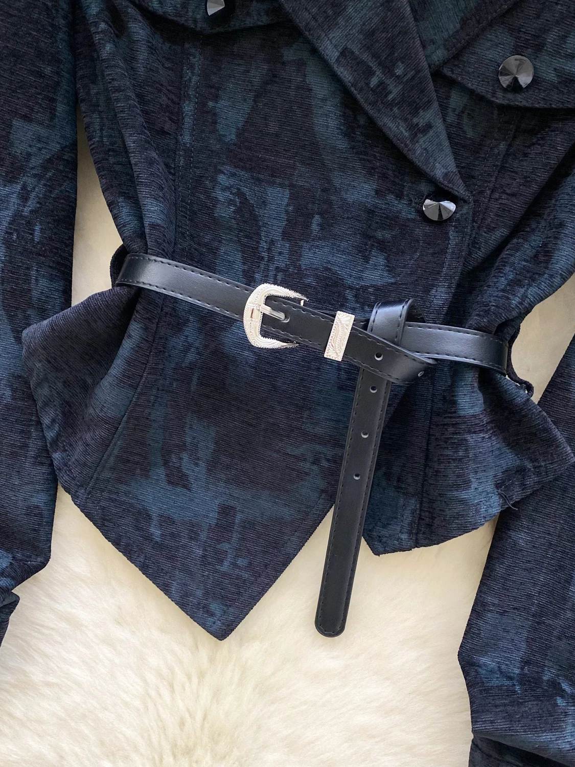 

Light Maturi Sle Casual Design Waist Belted Asymmetrical Long Sve Camouflage Print Denim Jaet Top Women's irt