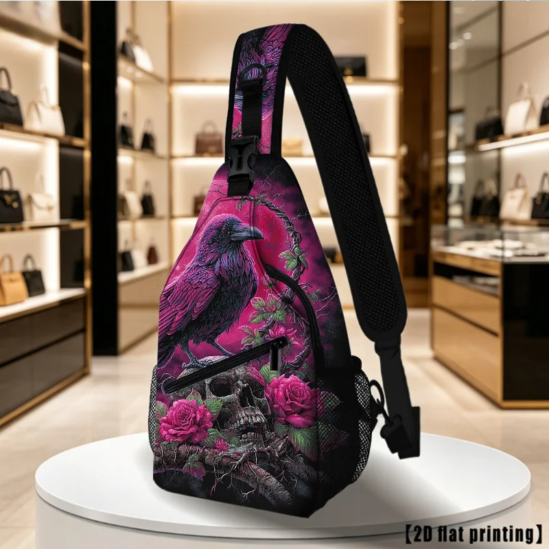Crow Skull Pink Moon Women Unisex Adjustable Crossbody Chest Backpack Large Capacity Compact Travel Pack Suitable for Hiking
