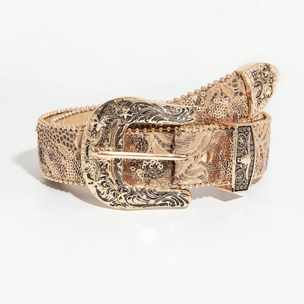 1 Piece of Women's Retro Light Luxury Style Carved Metal Buckle, Antique Gold Sequin Print PU Belt