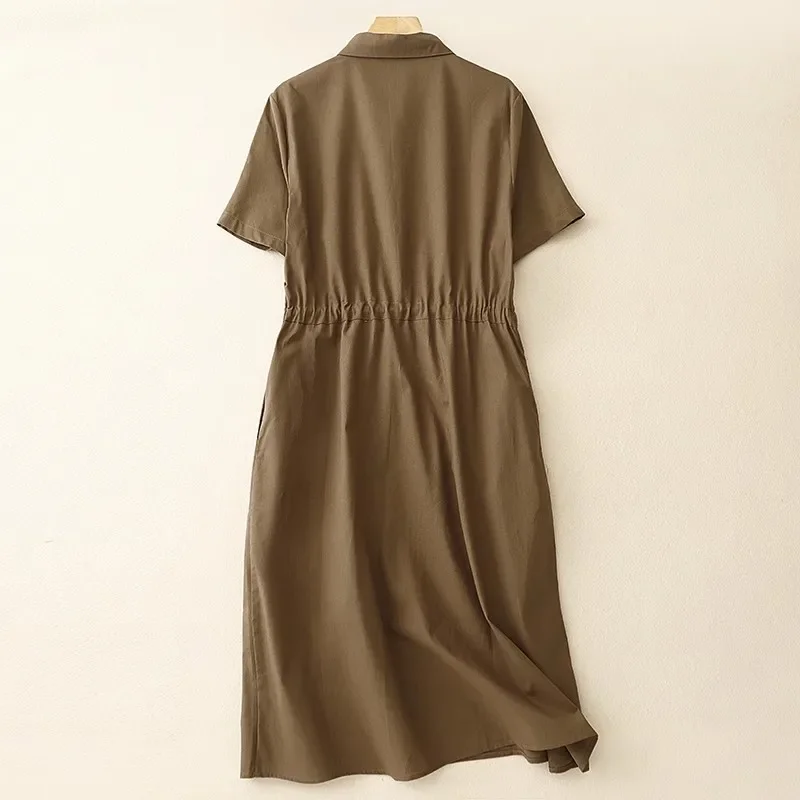 팝 오피스 레이디 폴로 칼라 셔츠 드레스 뉴 여름 드로우 스트링 포켓 미디 드레스 솔리드 빈티지 데일리 드레스 streetwear