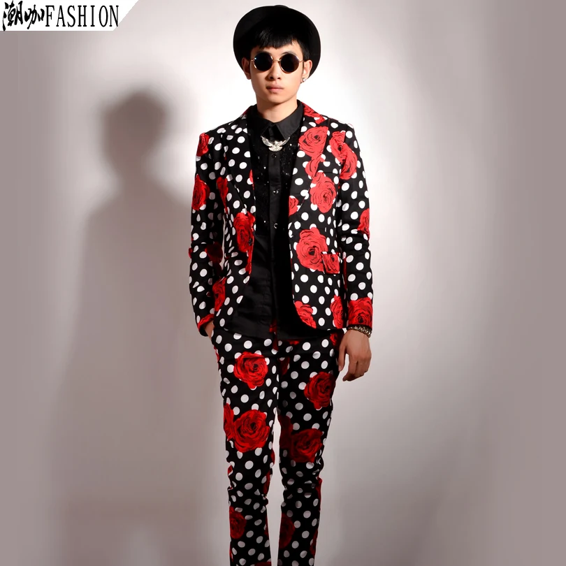 

Men's Fashion Slim Singer Blazers Coats Polka Dot Flower Color Suit Set Costumes Clothing Male Plus Size Jackets Bar Host Dress