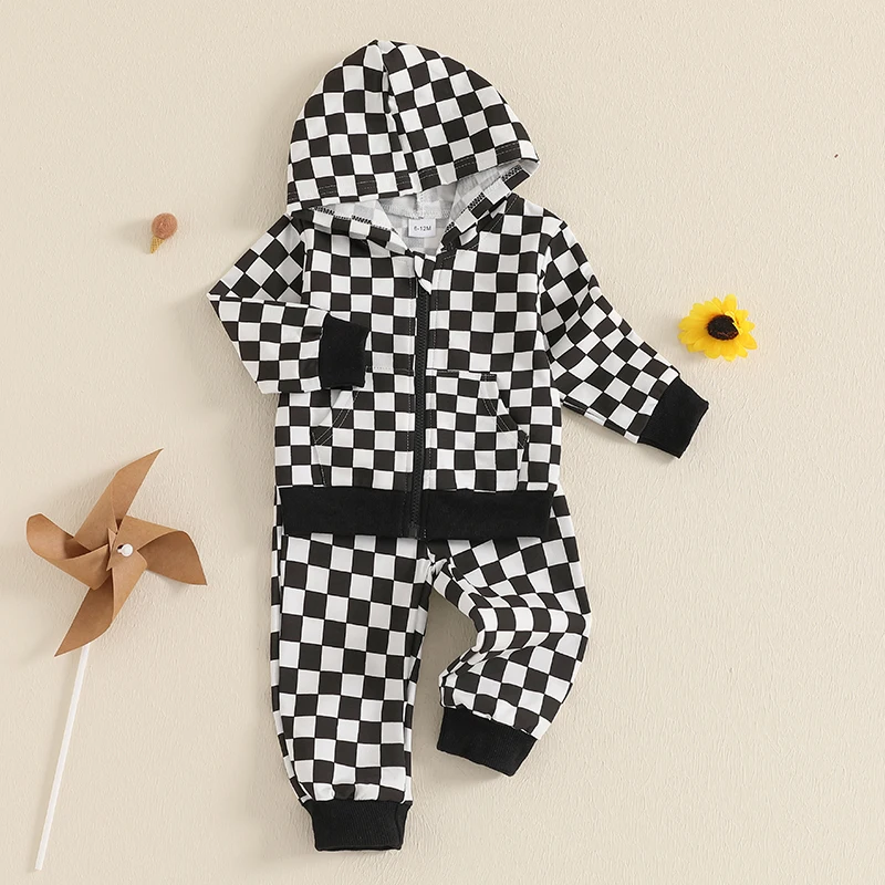 Toddler Boy Checkered Outfit Long Sleeve Zip Up Hoodie Elastic Waist Pants with Pockets 2 Piece Set