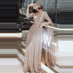 Evening Dresses Double V-neck Half-sleeve K004 A-line Elegant Robe De Soiree Bling Sequins Plus size Woman Party Formal Gowns