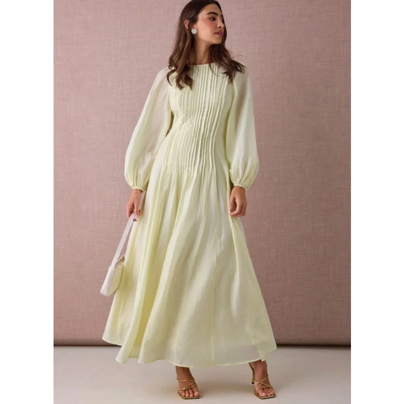 Damenkleid, plissiertes Maxikleid, O-Ausschnitt, Laternenärmel, fließendes A-Linien-Kleid, elegantes Party- und Urlaubskleid, bodenlang. – Detail 8