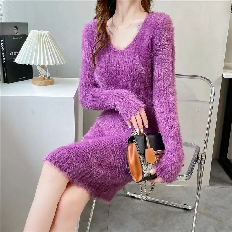 Imitation Mink women\'s Knit Dress Autumn Winter Elasticity Slim Bottoming Sweater Long Sleeve V Neck Office Lady Elegant Dress