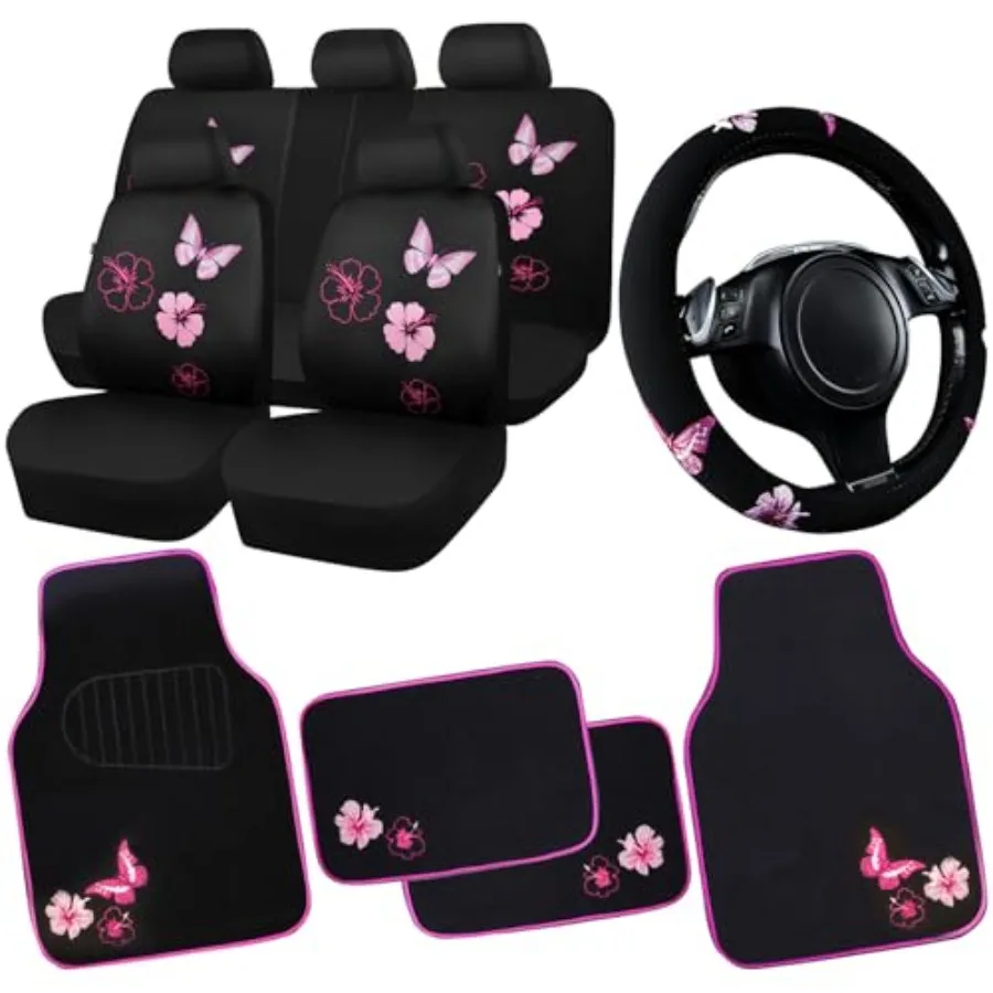 

Universal Cloth Butterfly Car Seat Covers Full Set Embroidered Flower Waterproof Car Floor Mats Carpet Steering Wheel Cover for