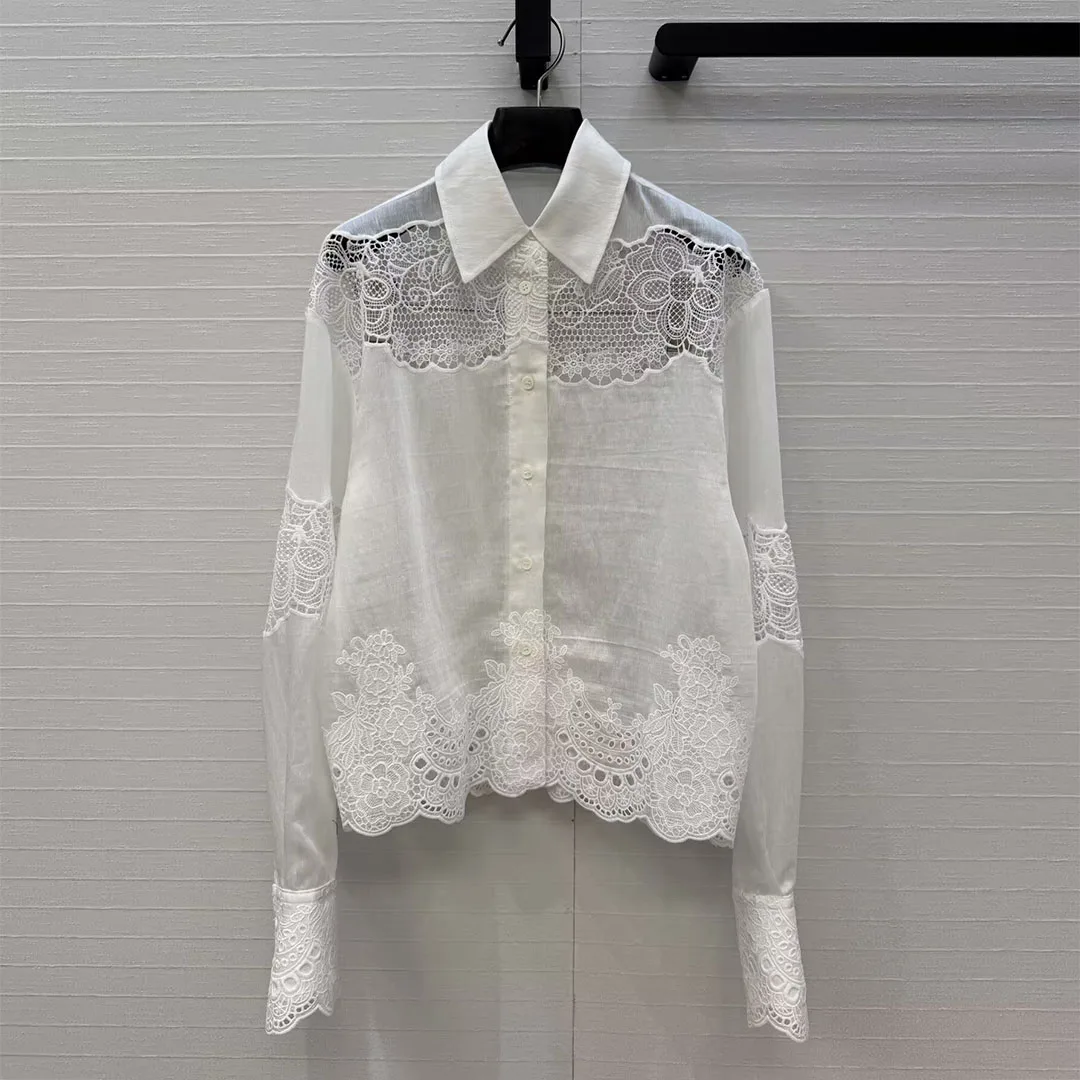 

Elegant Fashion Lace Embroidery Floral Linen Shirt Women Turn-down Collar Long Sleeve Sweet Casual Loose Blouse