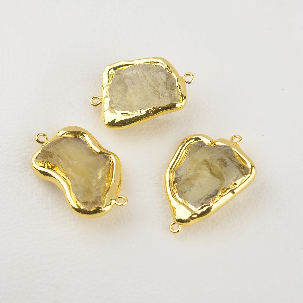 Wholesale 5 PCS Natural Yellow Citrine Rough Raw Pendant Double Ring Metal Bezel Connector