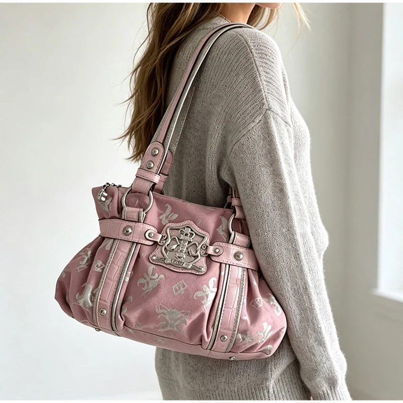 Koreanische Y2K-Style-Schultertasche, süßes, trendiges Design mit rosa Aufdruck, Damen-Tragetasche, Vintage-Nieten-Dekor, leichte, gerüschte Handtasche für den Alltag – Detail 18