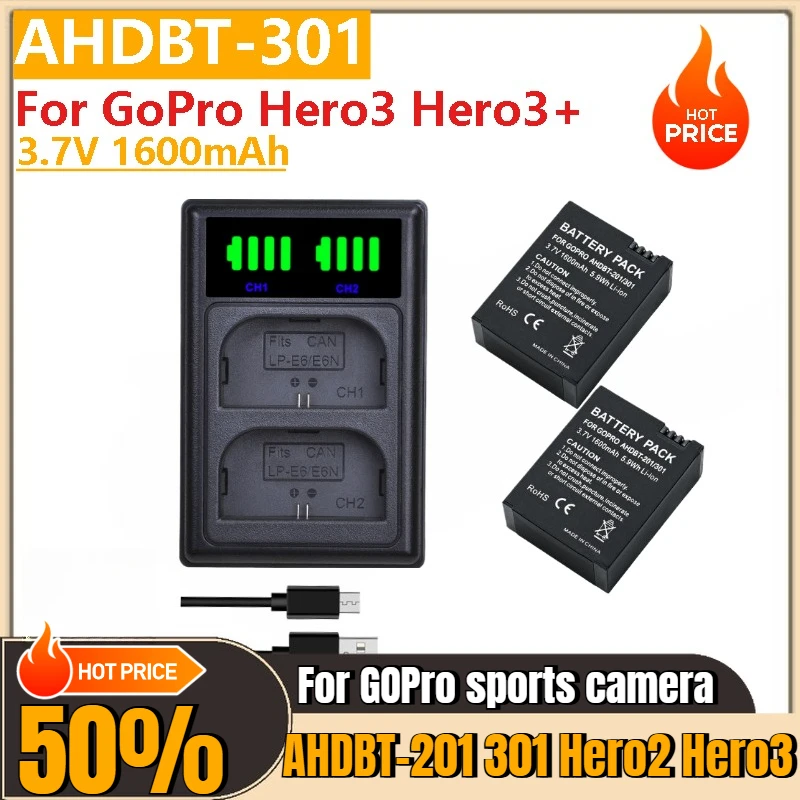 

AHDBT-301 Camera Battery 3.7V 1600mAh For GoPro Hero3 Hero3+ with LCD dual charger High Quality