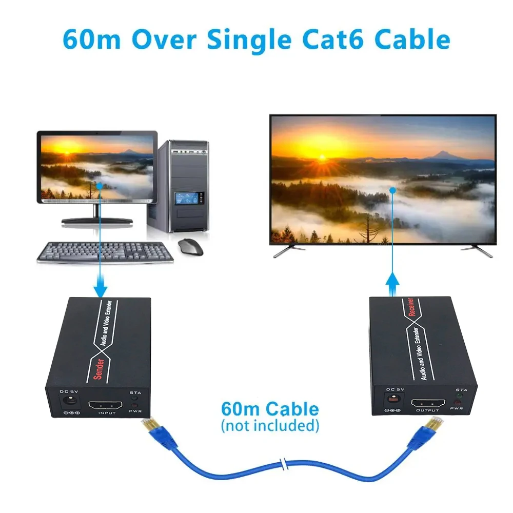 60M Extender RJ45 HDMI-compatible extender 1080P Network Extender by CAT5e CAT6 LAN Extensor for PS4 apple TV PC laptop