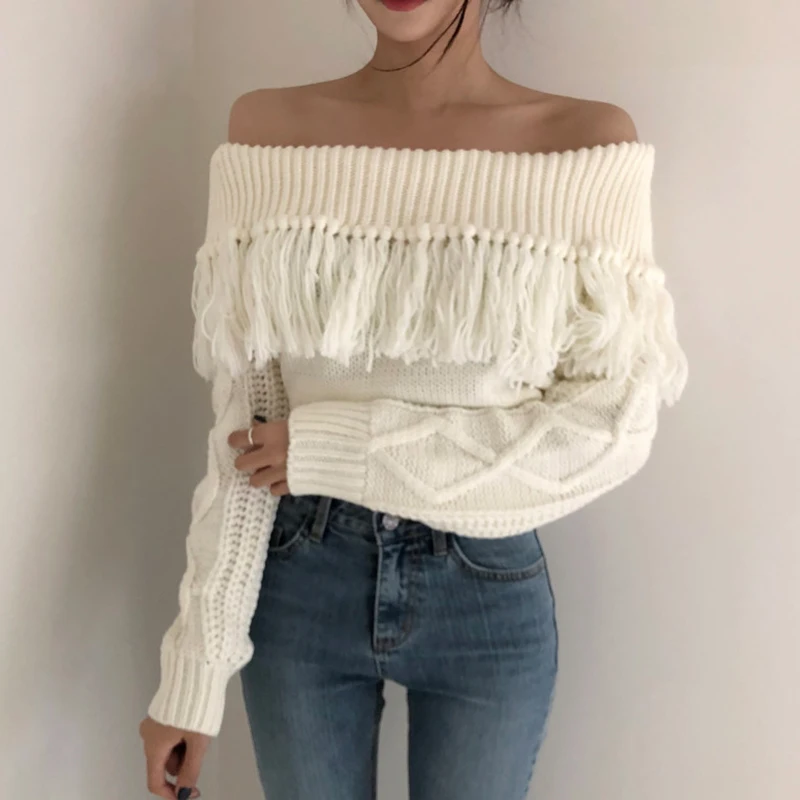Korean Off Shoulder Tassel Sweater Vintage Yellow Women Loose Long Sleeve Twist Knitted Pullovers 2022 Sexy Crop Sweaters Jumper