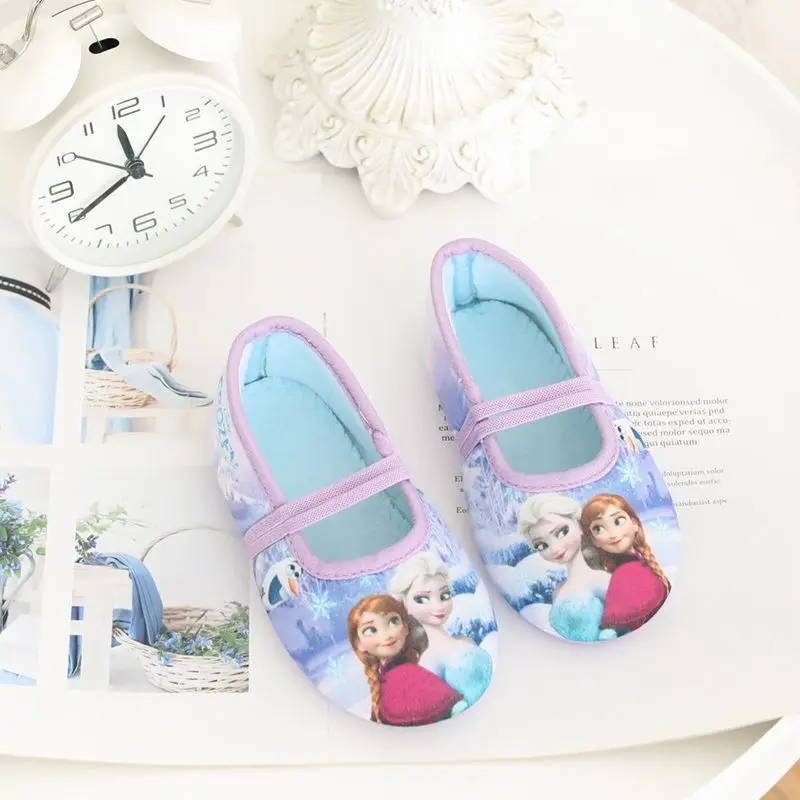 Spring Autumn Children Single Shoes Baby Girls Floor Slippers Cartoon Frozen Elsa Print Indoor Anti-Skid Cotton Beach Flip Flop