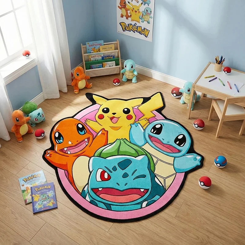 Pikachu Charmander Squirtle Bulbasaur Faux Cashmere Irregular Rug, Cartoon Carpet, Soft Mat, Kids Bedroom Gift