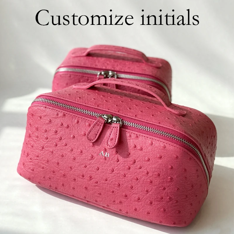 Customize Initials Leather Ostrich Grain Makeup Bag For Women Luxury Designer Handbag Purse 2027 New In Cowhide Travel Organizer