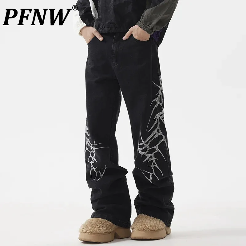 

PFNW Niche Washed Embroidered Male Flared Jeans New American Hip-hop Street Loose Pants Men's Trendy Trousers Autumn 28W4413