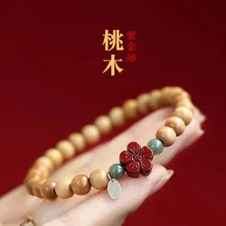 Natural Taishan Old Peach Wood Cinnabar Flower Bracelet Hand String Lucky Bracelet Female Male Wooden Bead String Dropship