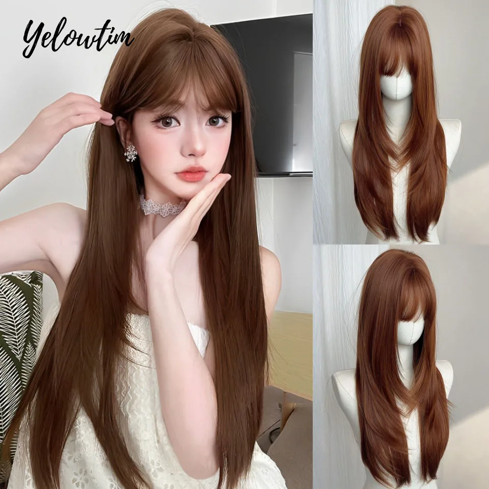 

Red Brown Copper Ginger Long Straight Synthetic Wigs for Women Natural Wave Wigs with Bangs Heat Resistant Cosplay Hair LM