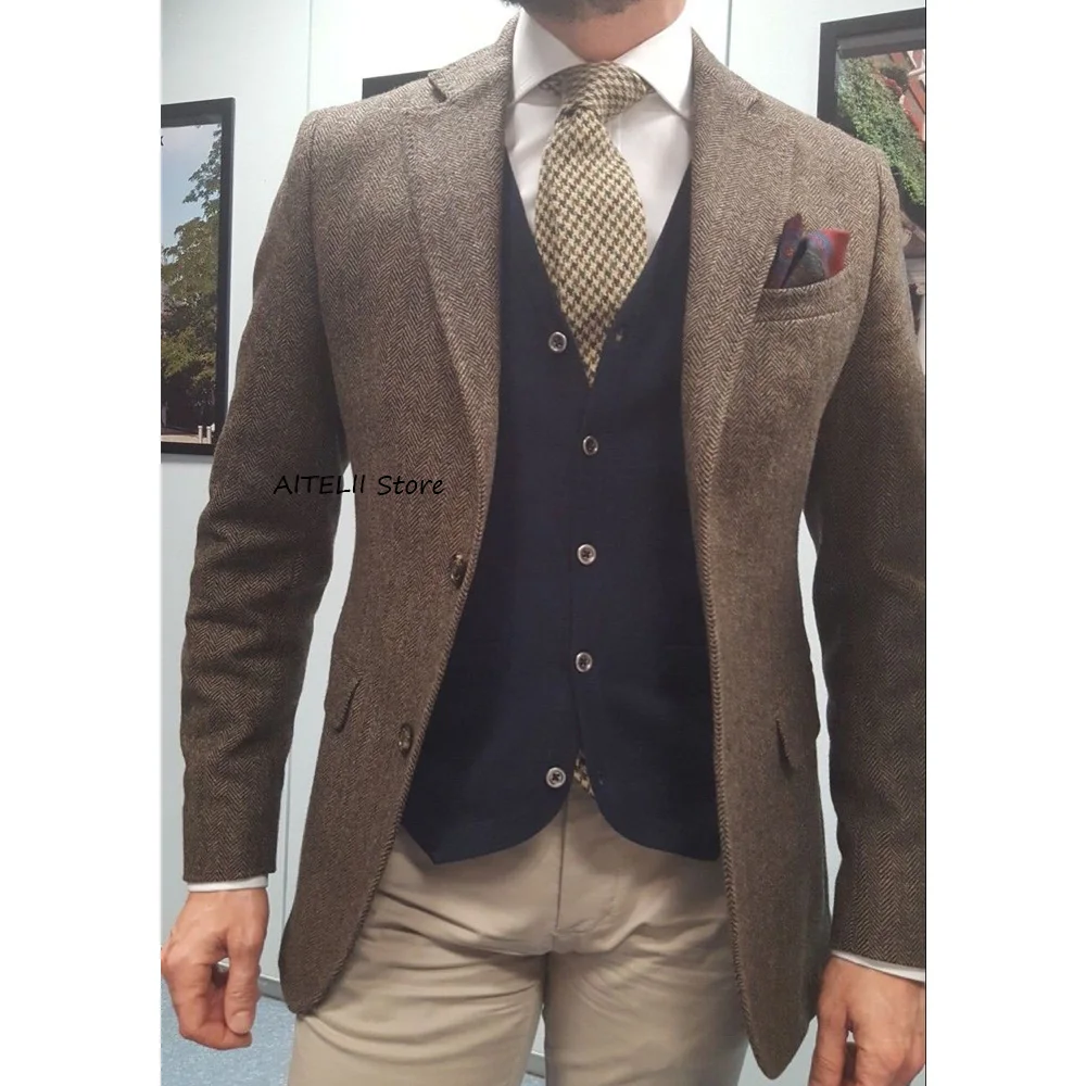 

Мужской винтажный пиджак из ткани «ёлочка» для города, повседневный деловой костюм, высококачественные мужские куртки и пиджаки