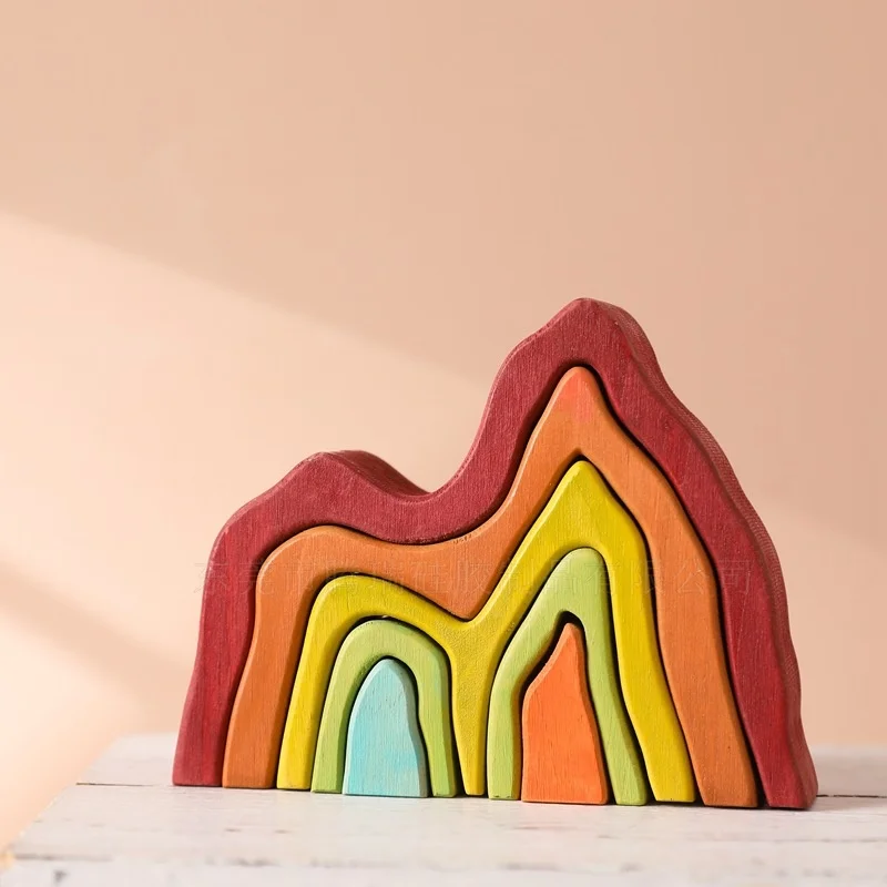 Wooden Rainbow Mountain Stacking Nesting Toy Early Educational Montessori Building Blocks For Toddler Infant Kids Preschool Play