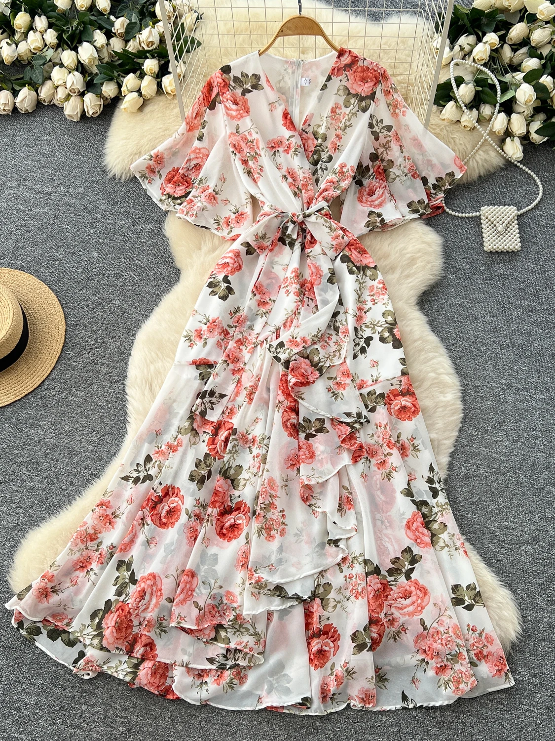 Vestido longo de verão e f cintura alta saia linha a estilo floral imprão chiffon material manga curta versã...