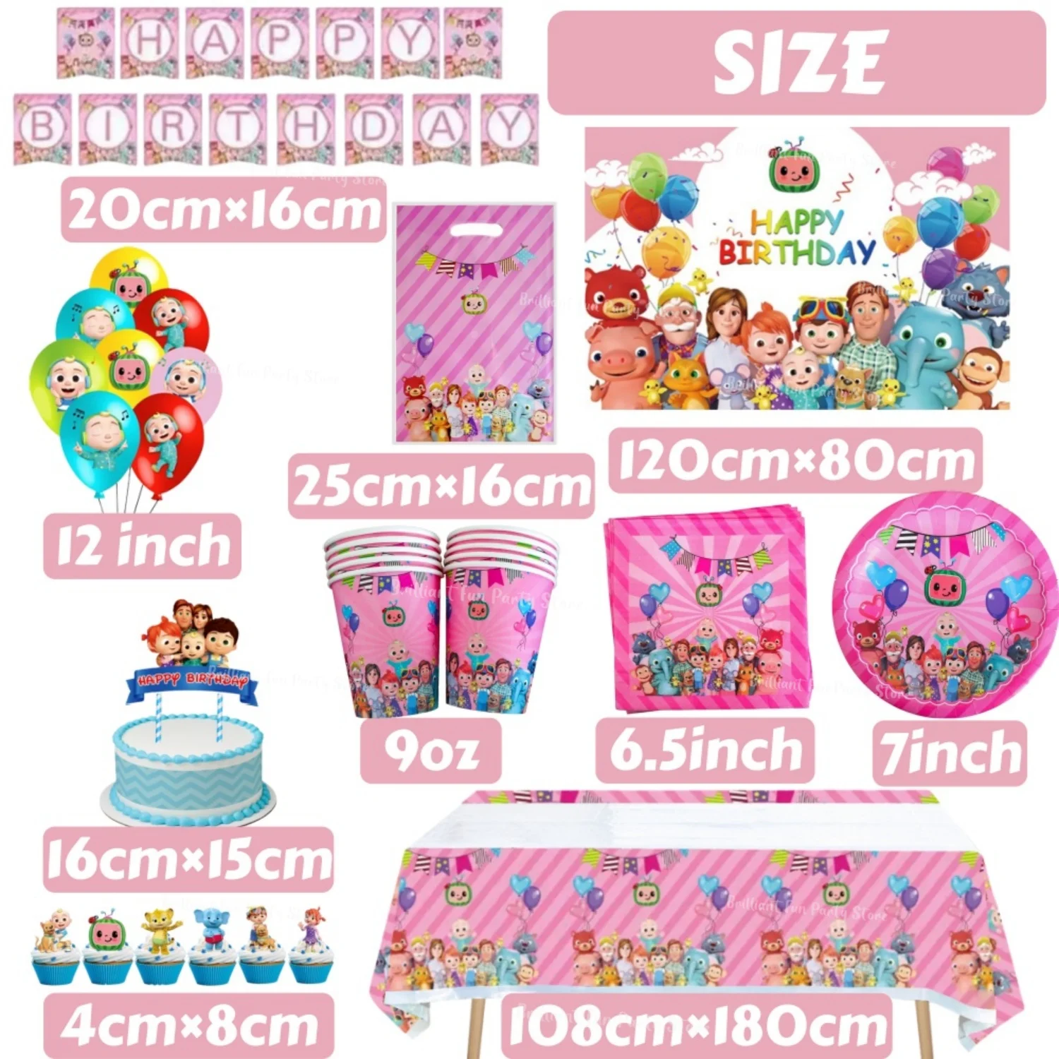 Cocomelon Geburtstags-Dekorationsset für Kinder - Cartoon-Ballon Teller Tischdecke Banner Baby-Shower-Party-Zubehör für Jungen & Mädchen – Detail 3
