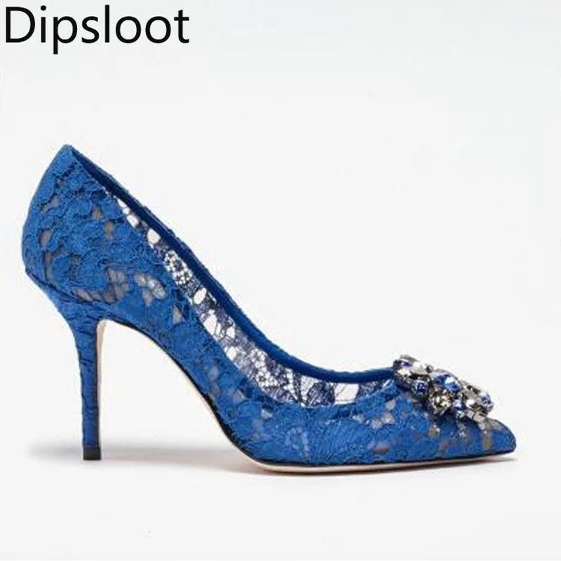 Romantic Rhinestone Flower Organdie Floral Lace Pumps Pointed Toe Thin Heels Crystal Diamond Flower Lace  Woman Bridal Shoes