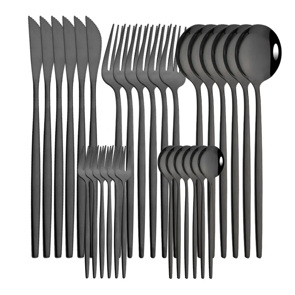 Western Cutlery Set 30 Piece Tableware Set Stainless Steel Dinnerware Black Spoon Fork Knife Dinner Set Complete Home Flatware