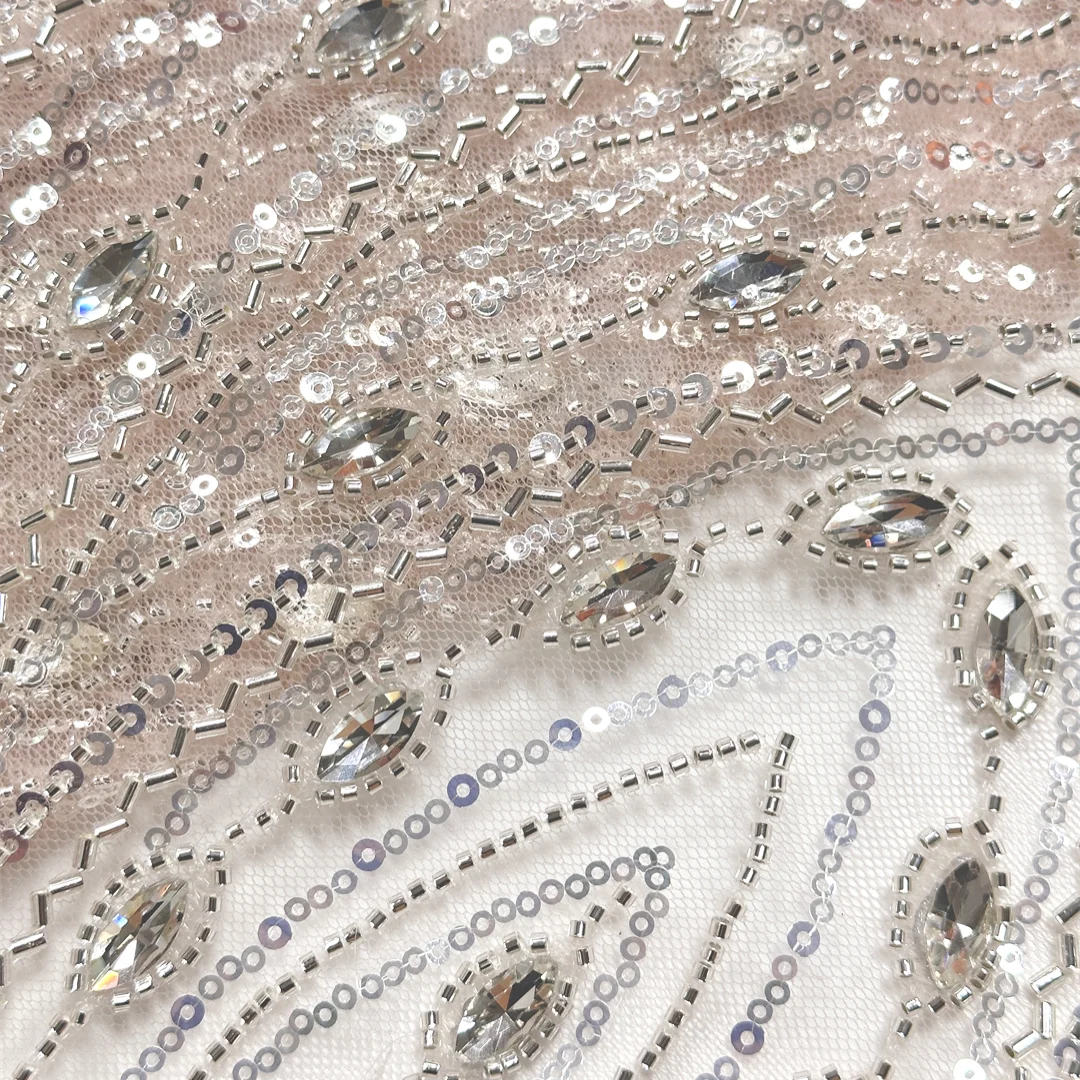 

Classic African Lace Fabric High Quality Handmade Sequins Beads Embroidery Sparkling Rhinestone Bridal Lace For Wedding Dress