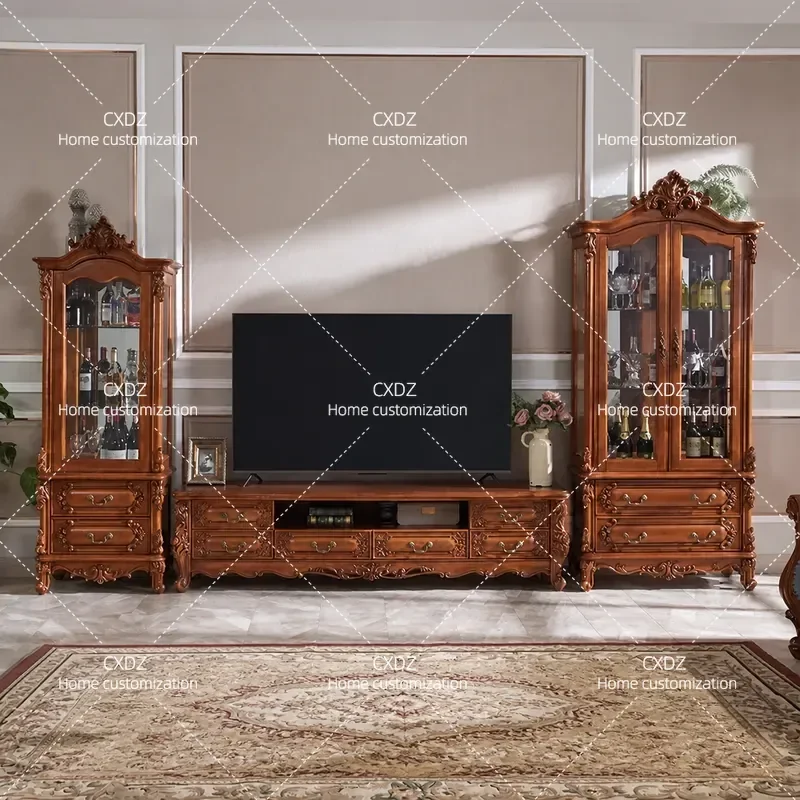Solid Wood Wine Cabinet Living Room TV Stand Single Double Door Storage Display Unit Engraved Decorative Combination Cupboard