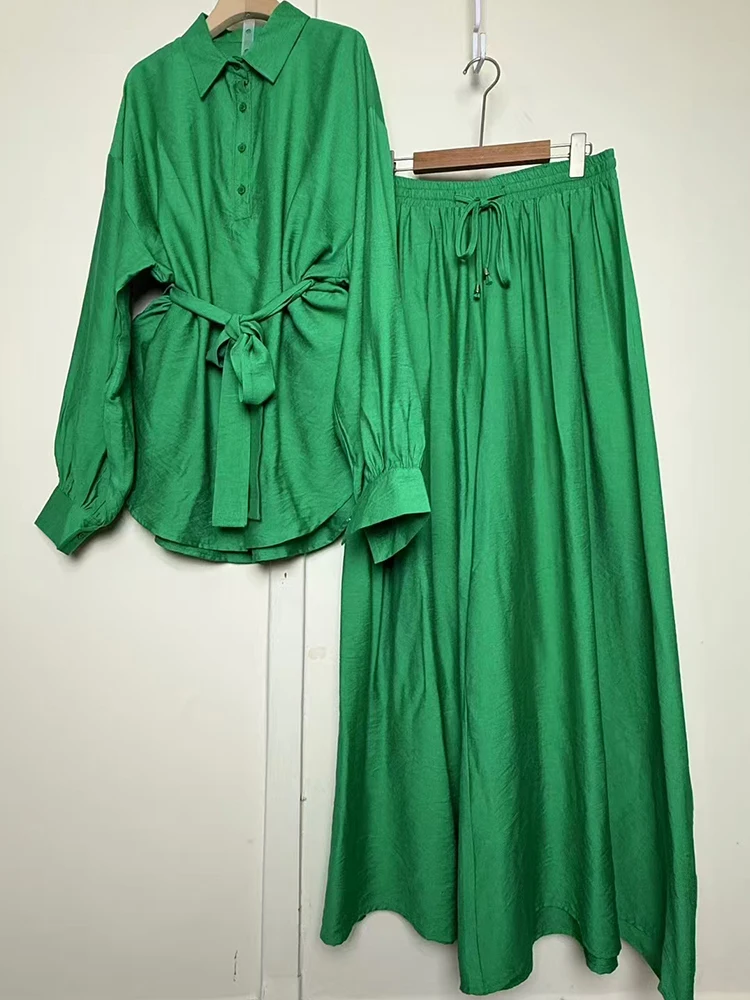 Designer retro solid color lapel tie waist pullover shirt two-piece 2026 spring ladies+loose wide-leg pants skirt fashion suit