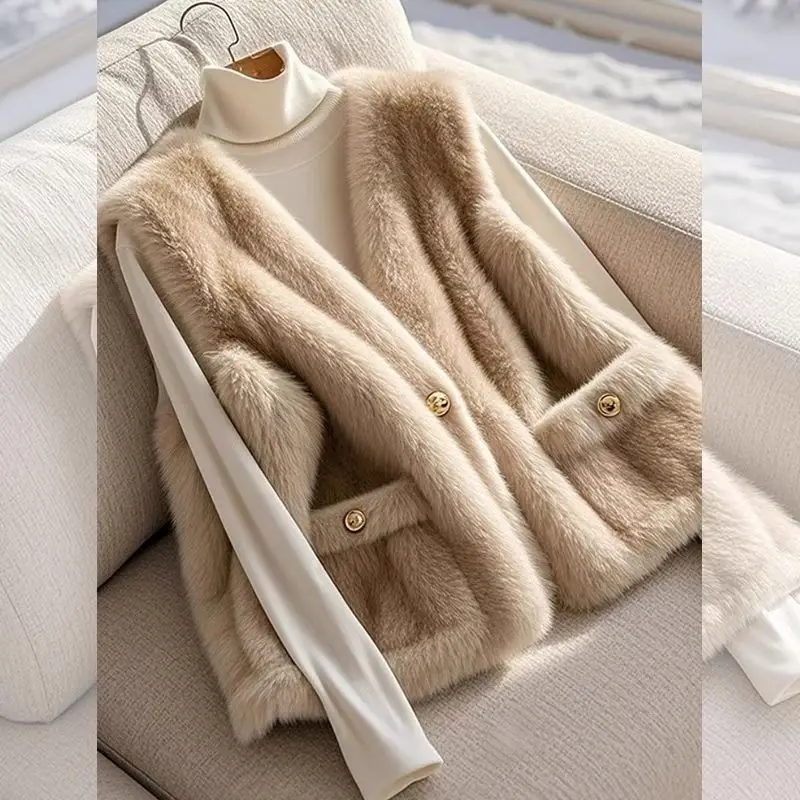 

2026 New Small Fragrant style Light khaki lamb fur vest Jacket Women's Autumn winter Mink fur fur one-piece Vest Short Outwear
