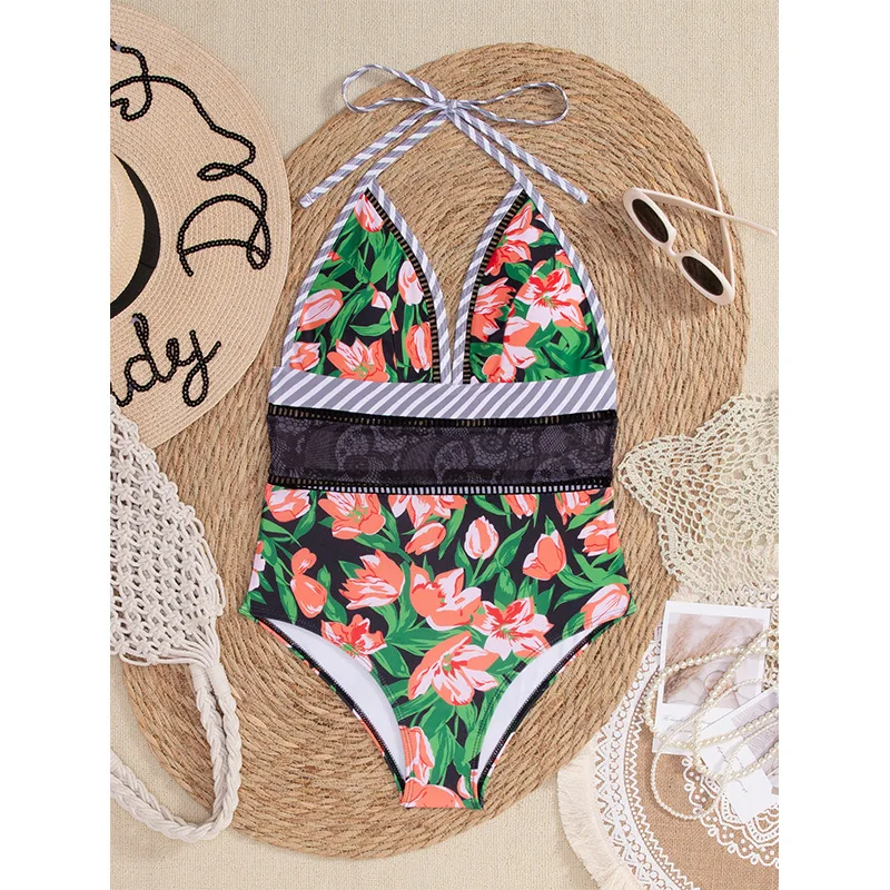 

Women's one-piece swimsuit with sexy deep printVBikini triangle beach swimsuit one-piece quick-dry