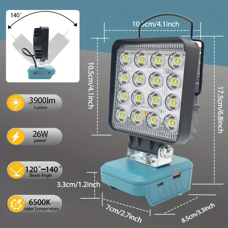 Portable LED Work Light for bosch 18V for Job Site Lighting-48W 3400LM with USB  Type-C Charging Port and Low Voltage Protection