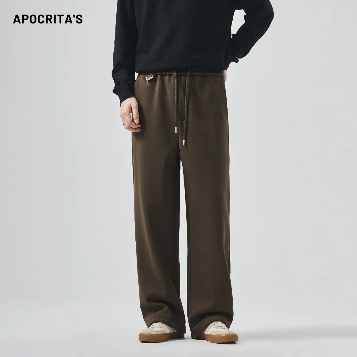 

Men's Spor Fce Lined Thiened Elastic Waist Loose Straight Leg Long Pants Casual Trousers Winter Faion Youth Sle