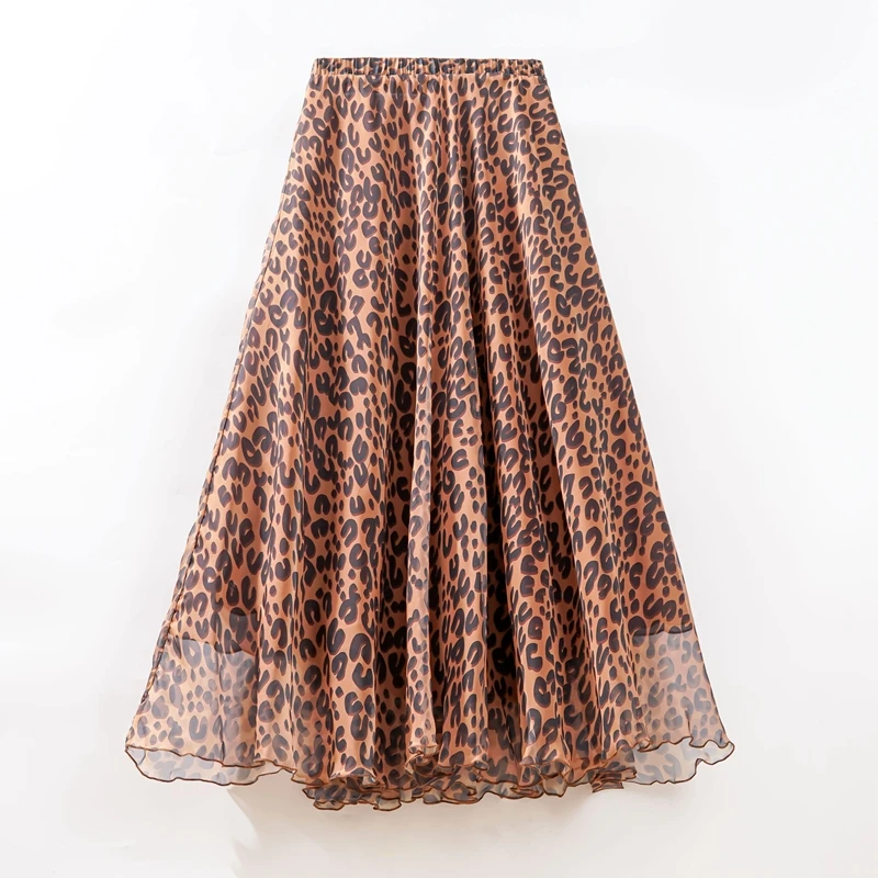 

Women's Lightweight Leopard Print Long Skirts Chiffon Summer Beach Pleated Elastic High Waisted A Line Maxi Skirts